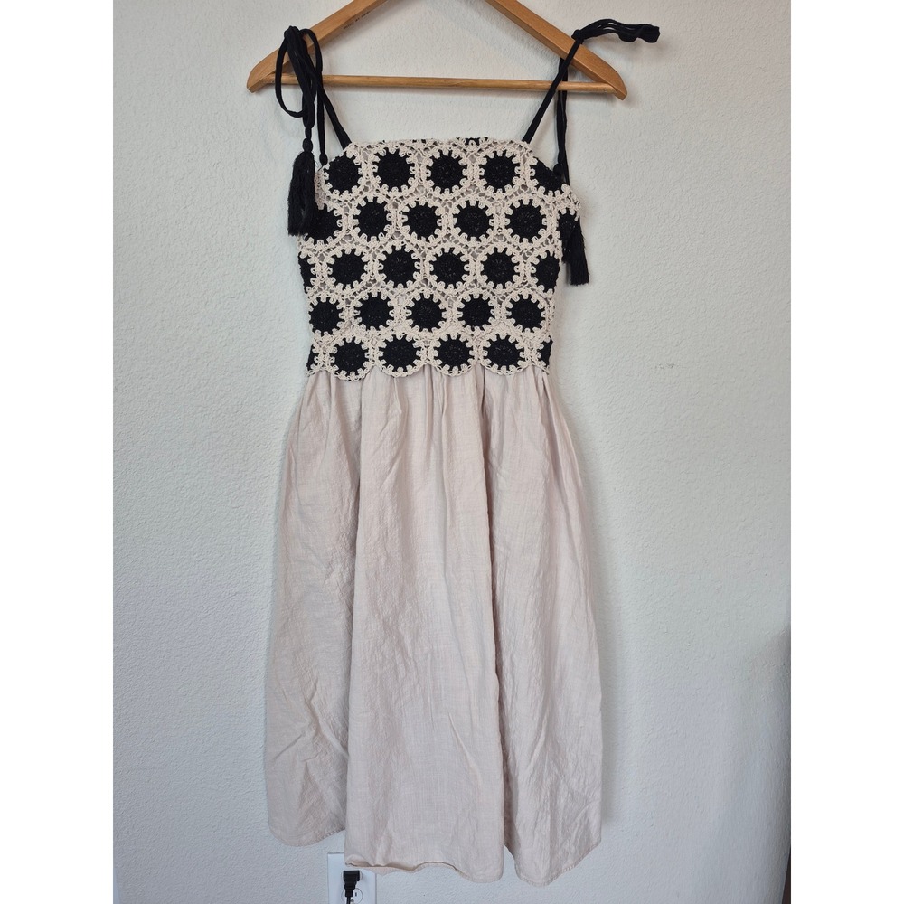 La February Crochet Bodice Sun Dress‎ Black Cream Boho Tassel Straps Size Small